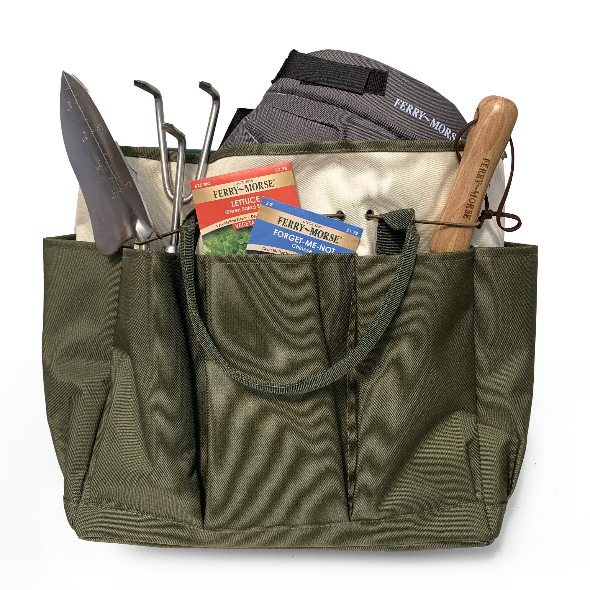 A green and beige Ferry-Morse garden tool bag with multiple pockets and a drawstring closure.